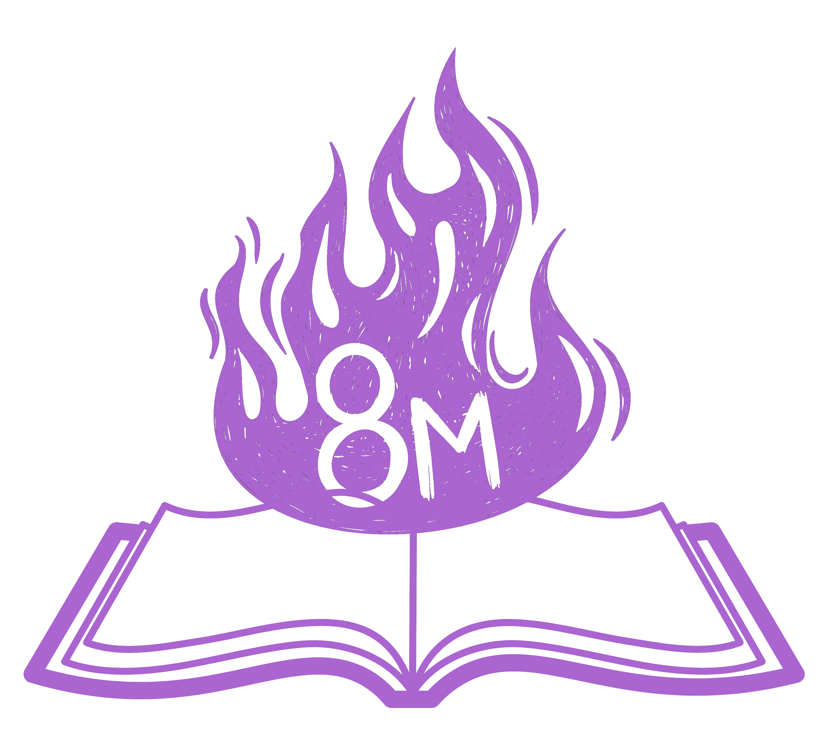 Ilustración en color morado sobre blanco: un libro abierto del que sale fuego. En medio de las llamas se lee "8M". 