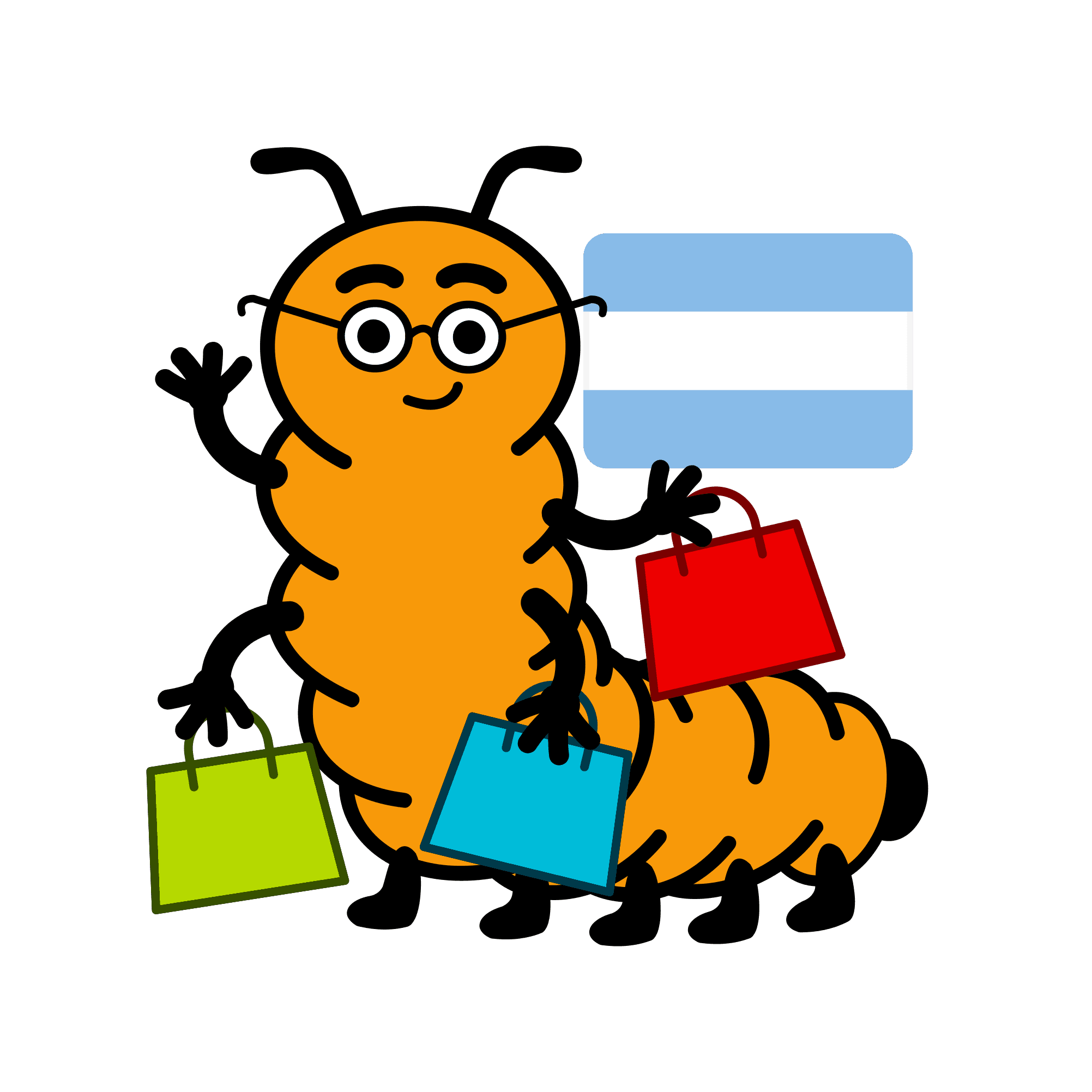 La ilustración de la mascota de Ciempiés con bolsas de compras. En el fondo se ve la bandera argentina. 