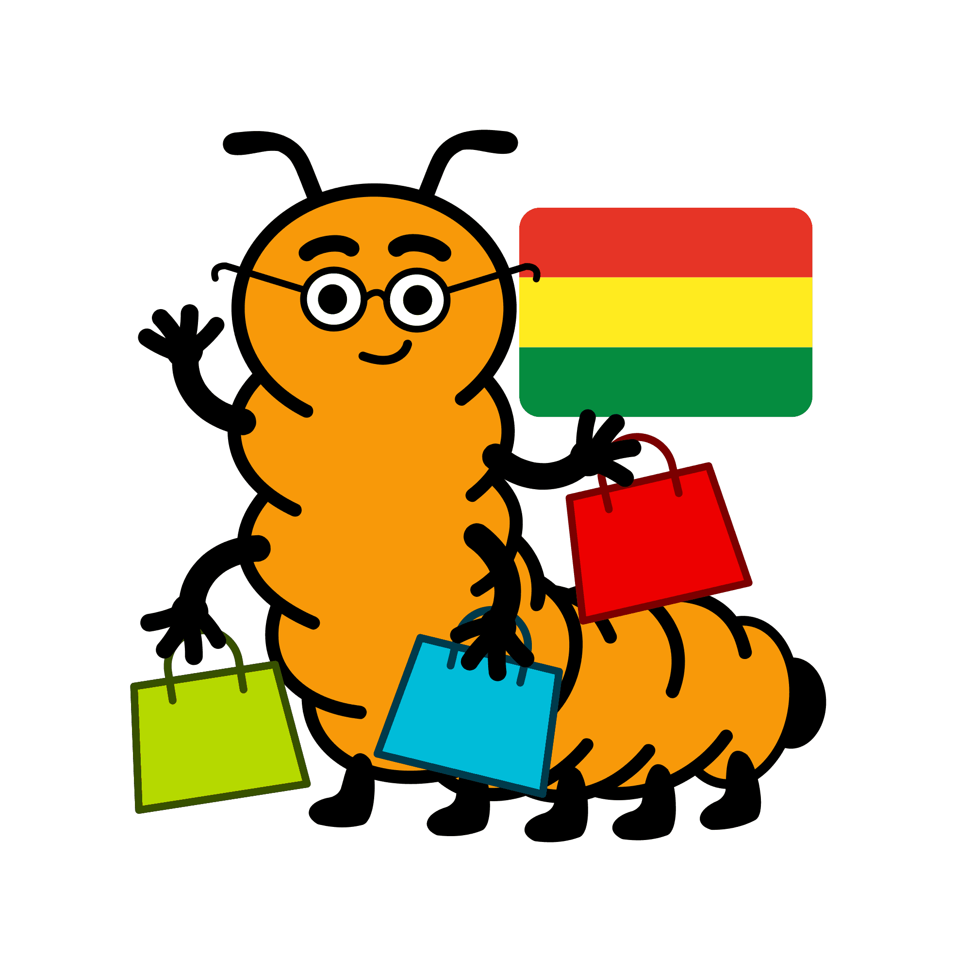 Ilustración de la mascota de Ciempiés con varias bolsas de compras y la bandera boliviana de fondo