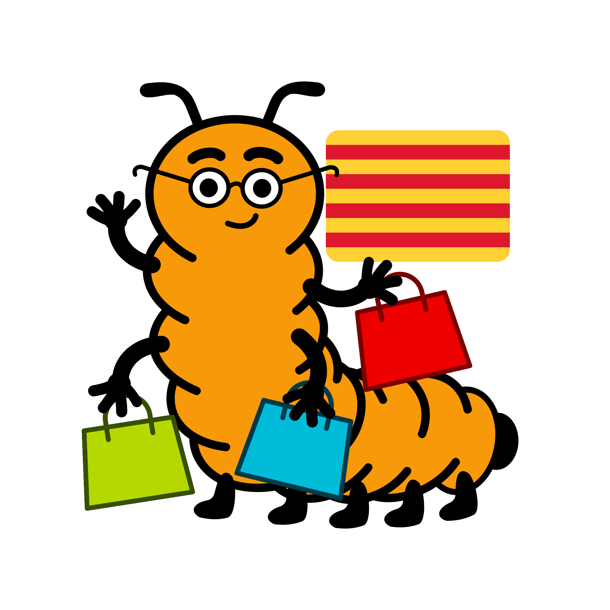 La ilustración de la mascota de Ciempiés con bolsas de compras. En el fondo se ve la bandera catalana.