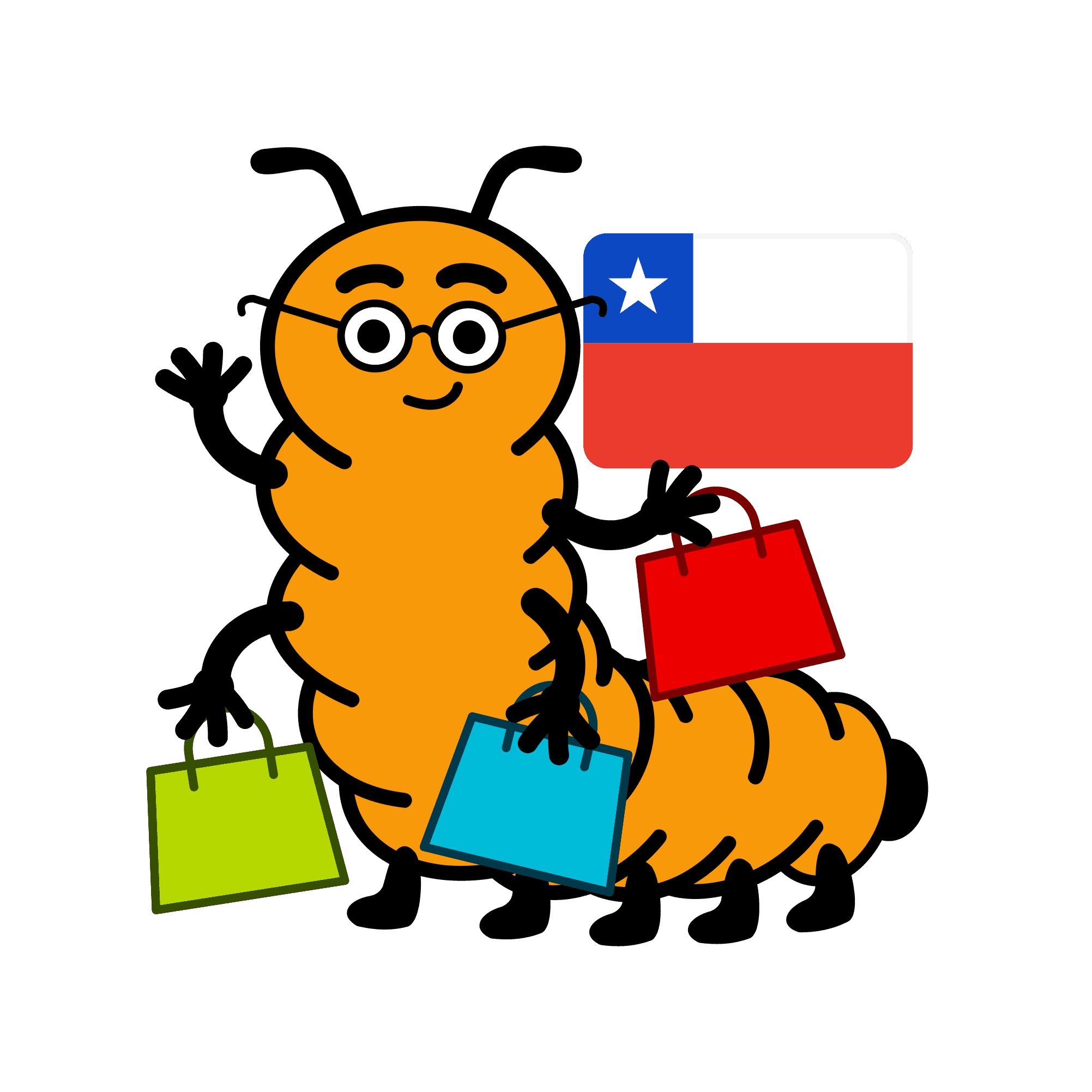 Ilustración de la mascota de Ciempiés con varias bolsas de compras y la bandera chilena de fondo
