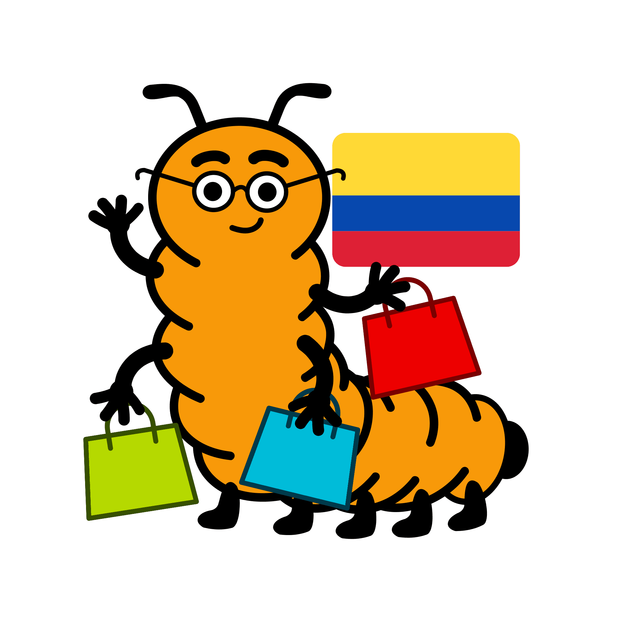 Ilustración de la mascota de Ciempiés con varias bolsas de compras y la bandera colombiana de fondo.