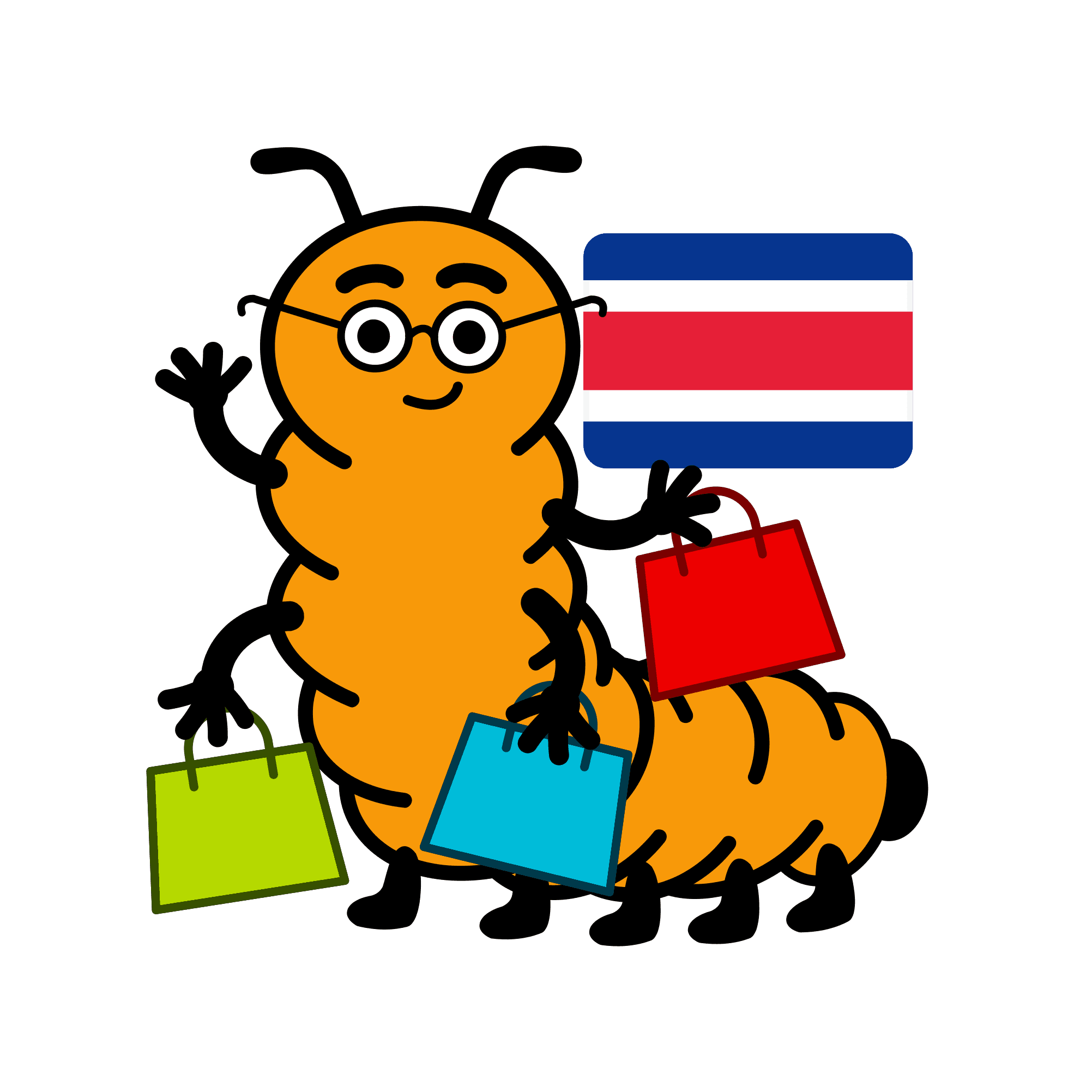 Ilustración de la mascota de Ciempiés con varias bolsas de compras y la bandera costarricense de fondo.