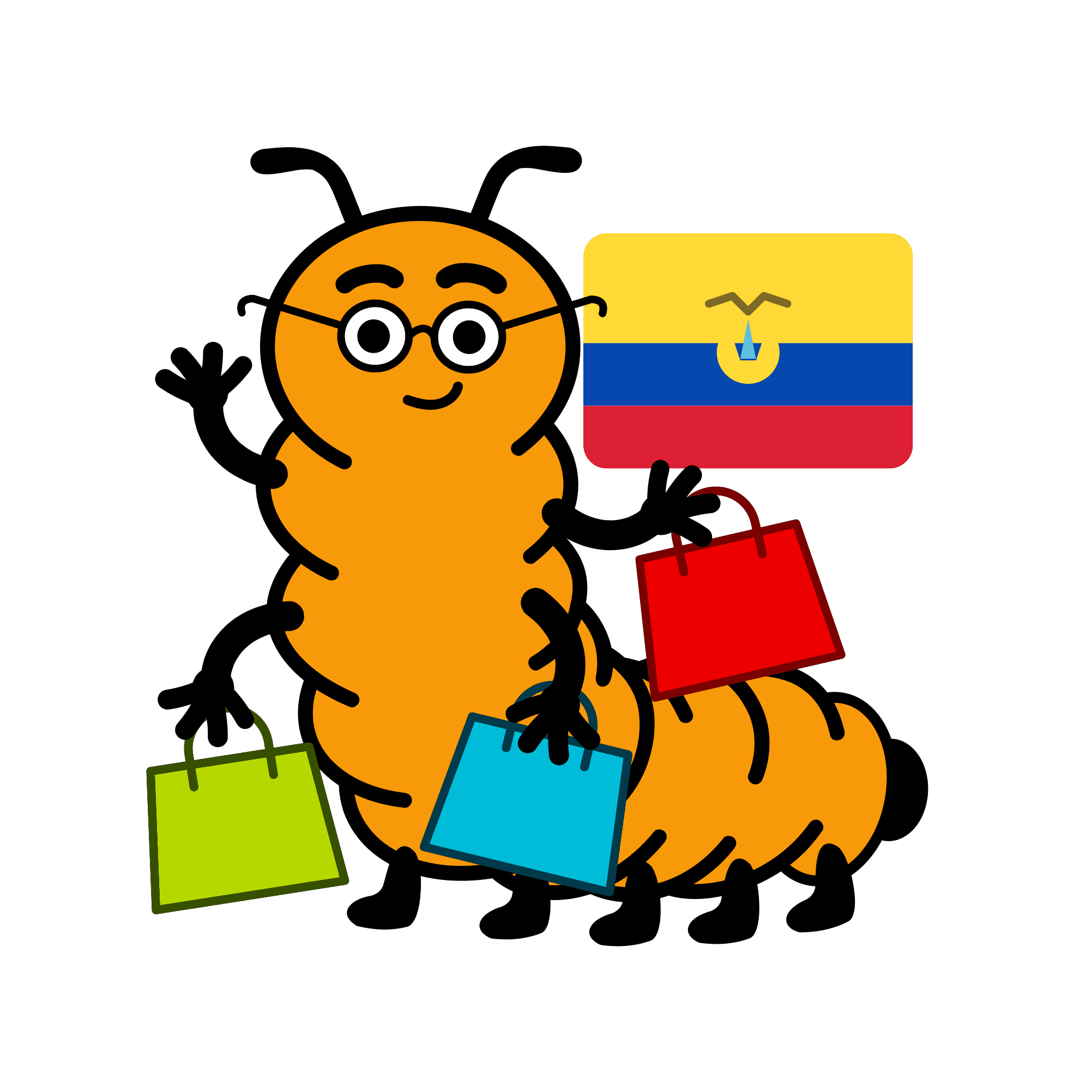 Ilustración de la mascota de Ciempiés con varias bolsas de compras y la bandera ecuatoriana de fondo.