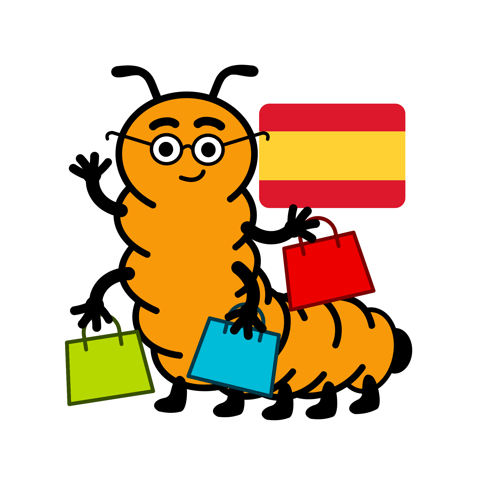 	 Ilustración de la mascota de Ciempiés con varias bolsas de compras y la bandera española de fondo