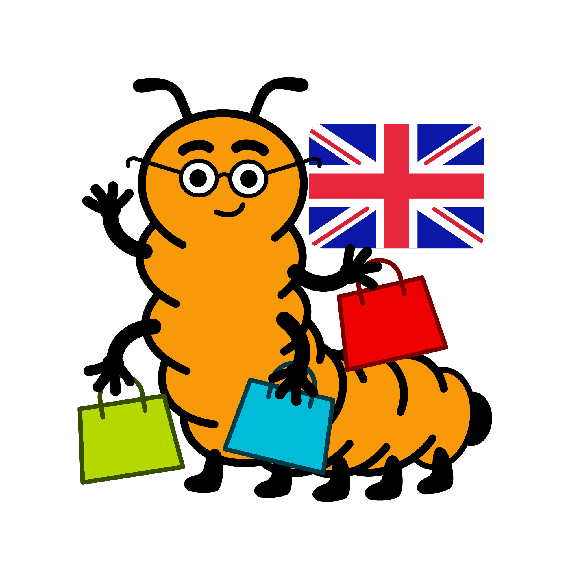 Ilustración de la mascota de Ciempiés con varias bolsas de compras y la bandera del Reino Unido de fondo