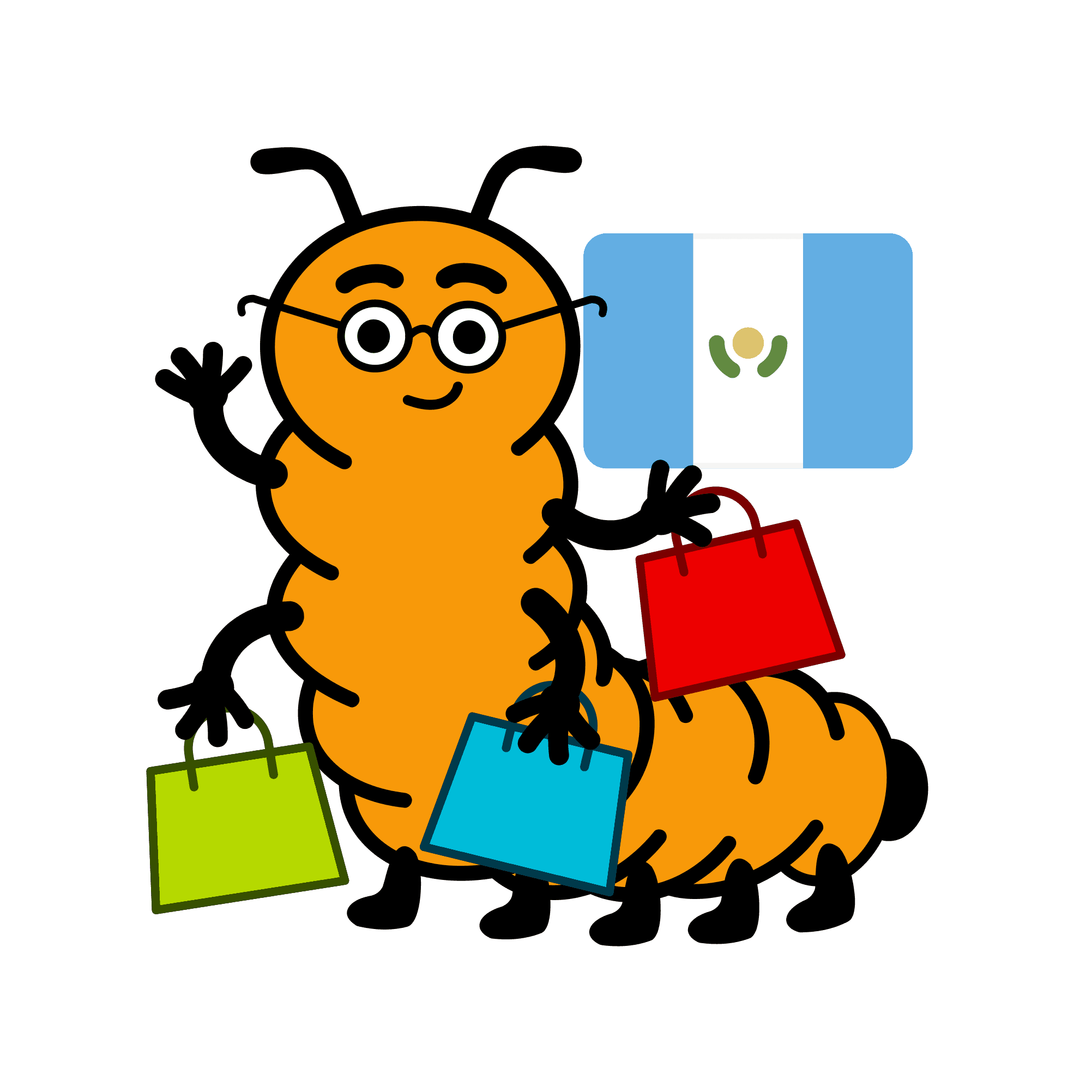 Ilustración de la mascota de Ciempiés con varias bolsas de compras y la bandera guatemalteca de fondo.