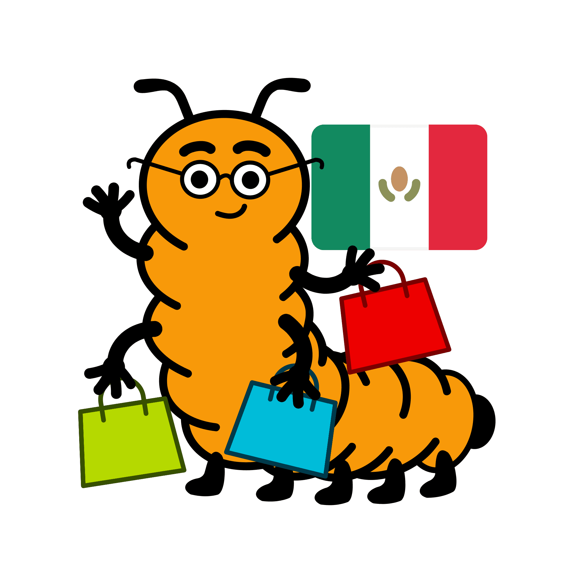 Ilustración de la mascota de Ciempiés con varias bolsas de compras y la bandera mexicana de fondo.