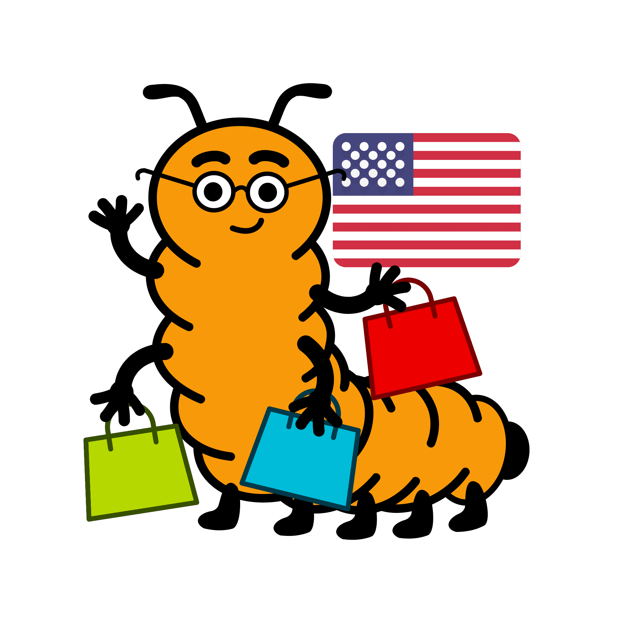 Ilustración de la mascota de Ciempiés con varias bolsas de compras y la bandera estadounidense de fondo.