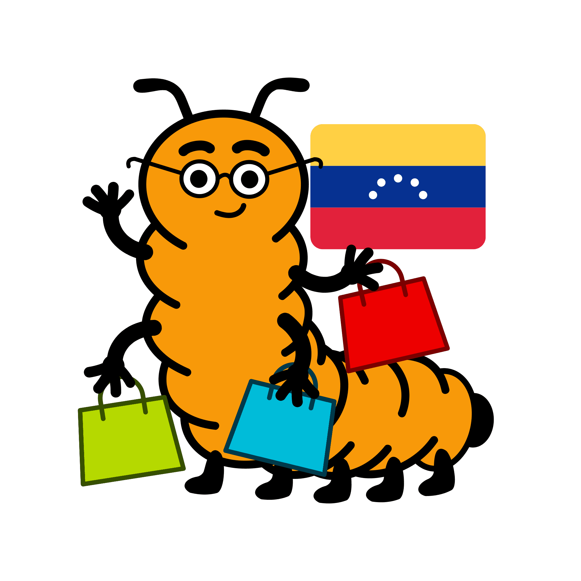 Ilustración de la mascota de Ciempiés con varias bolsas de compras y la bandera venezolana de fondo.