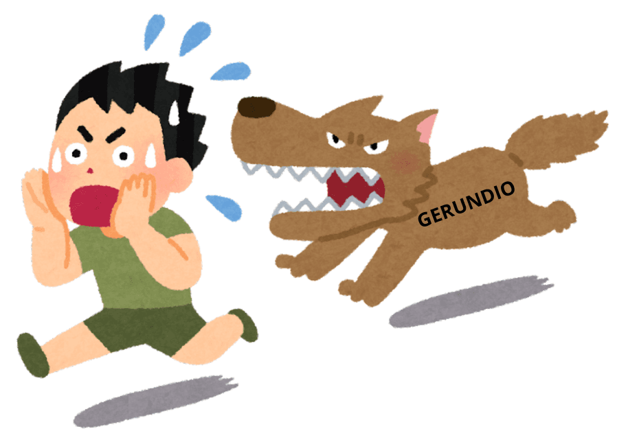 Una ilustración de estilo infantil muestra a un niño que corres escapando de un lobo que lleva escrita la palabra «gerundio».