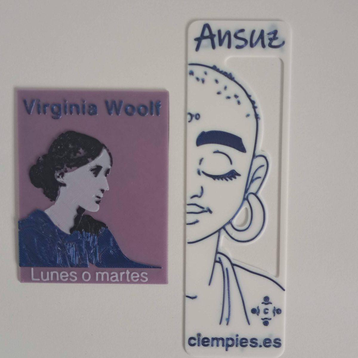 Foto del imán de Virginia Woolf y el señalador del cuento «El muerto con la piel roja» del libro «Ansuz», editado por Libros del Ciempiés.
