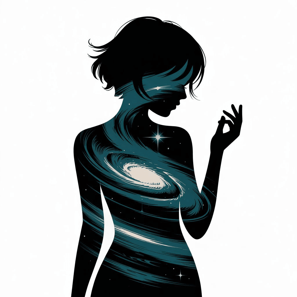 Ilustración de la silueta de una mujer de cabellos cortos; es de color negro y en el interior muestra en blanco y azul grisáceo algo que se asemeja a una galaxia.