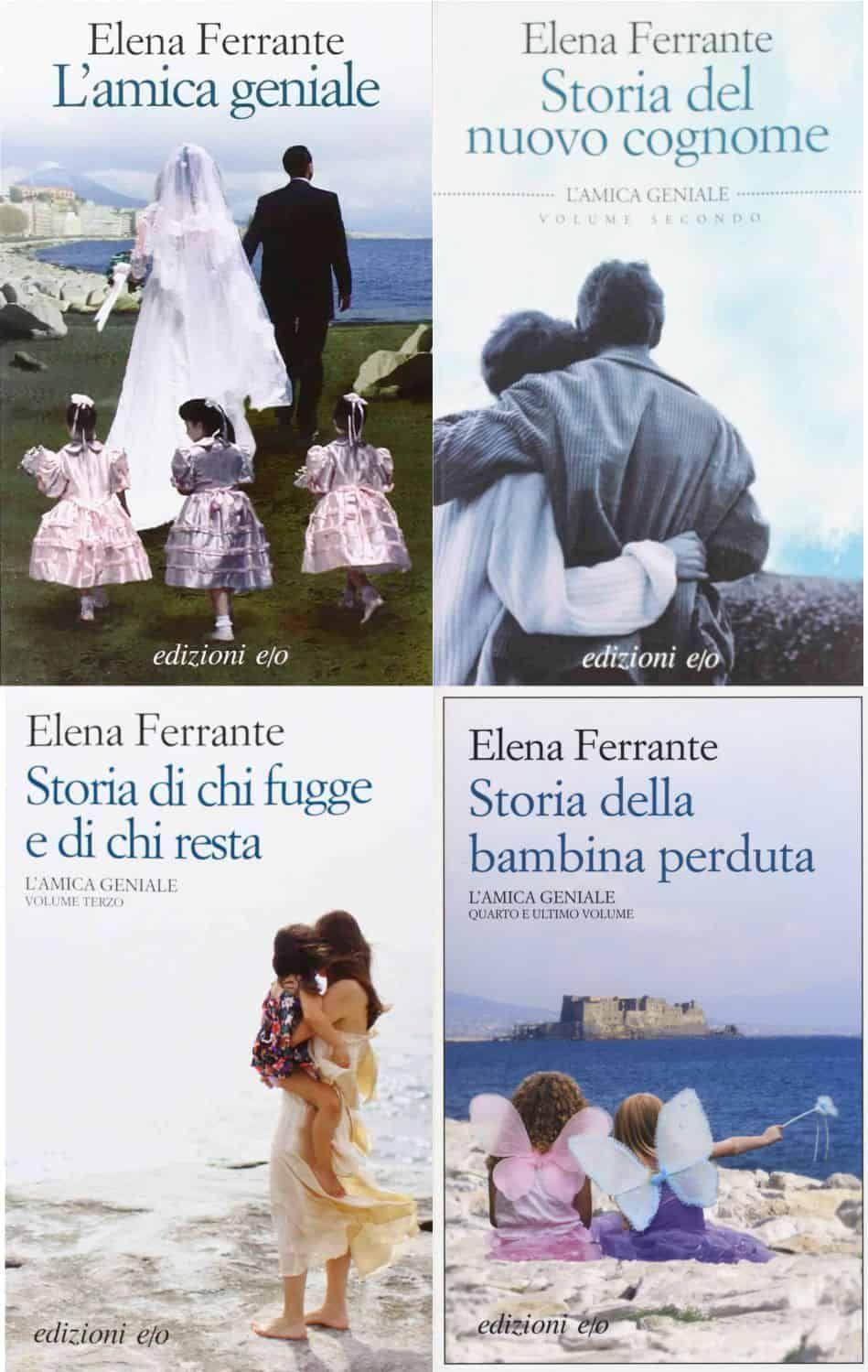 Collage que muestra las portadas de los cuatro libros que forman la saga de "L'amica geniale". 