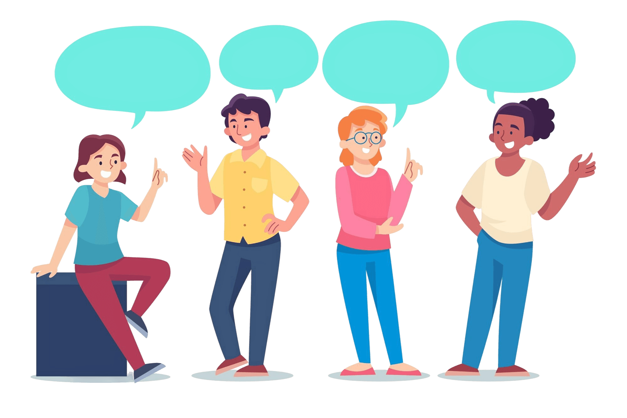 Una ilustración colorida de diferentes personas, cada una de ellas con un globo de diálogo.
