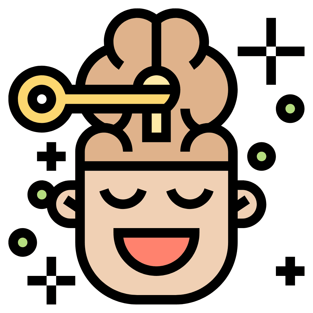 Una ilustración de una cabeza que tiene una llave en el cerebro y la cara sonriente.
