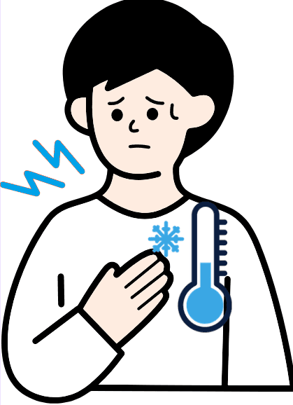 Imagen decorativa. Es el dibujo de una persona con cara triste que se lleva una mano al pecho. Al lado de esa mano, hay un termómetro con un copo de nieve.
