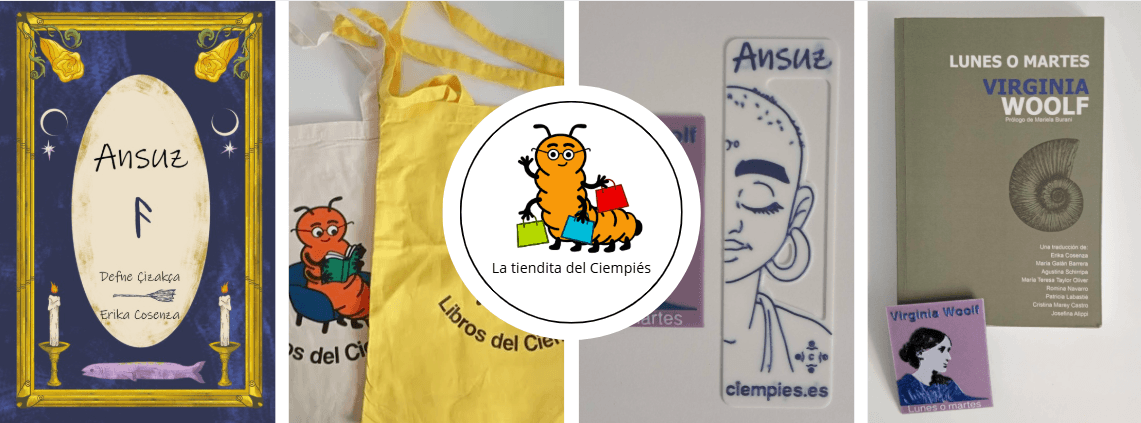 Collage con algunos de los libros y productos que se encuentran en la tienda de Ciempiés. En el centro un redondel blanco que muestra la mascota de Ciempiés con bolsas de compras de diferentes colores. El texto dice "La tiendita del Ciempiés".