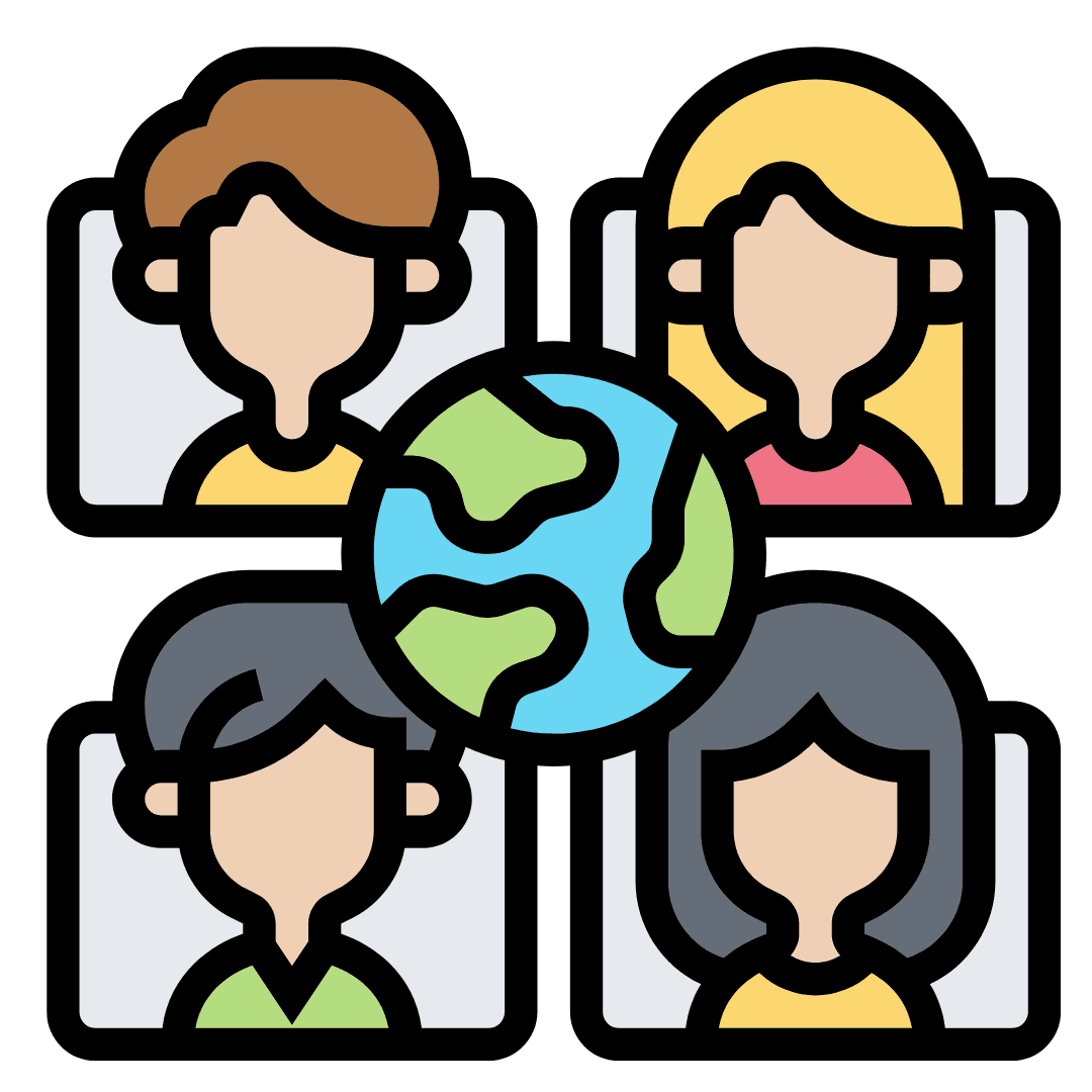 Una ilustración esquemática de cuatro personas, dos arriba y dos abajo. En el medio un mundo.