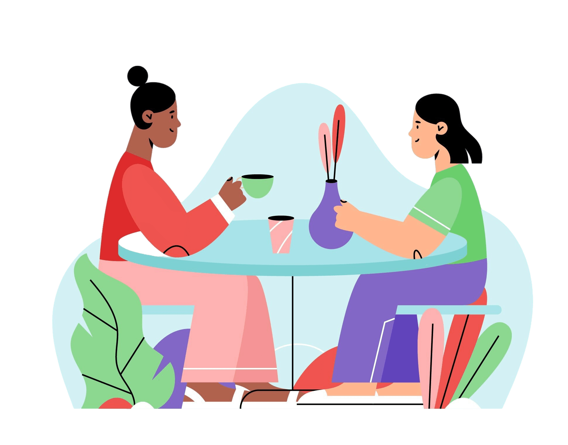 Una ilustración de dos mujeres compartiendo un café.