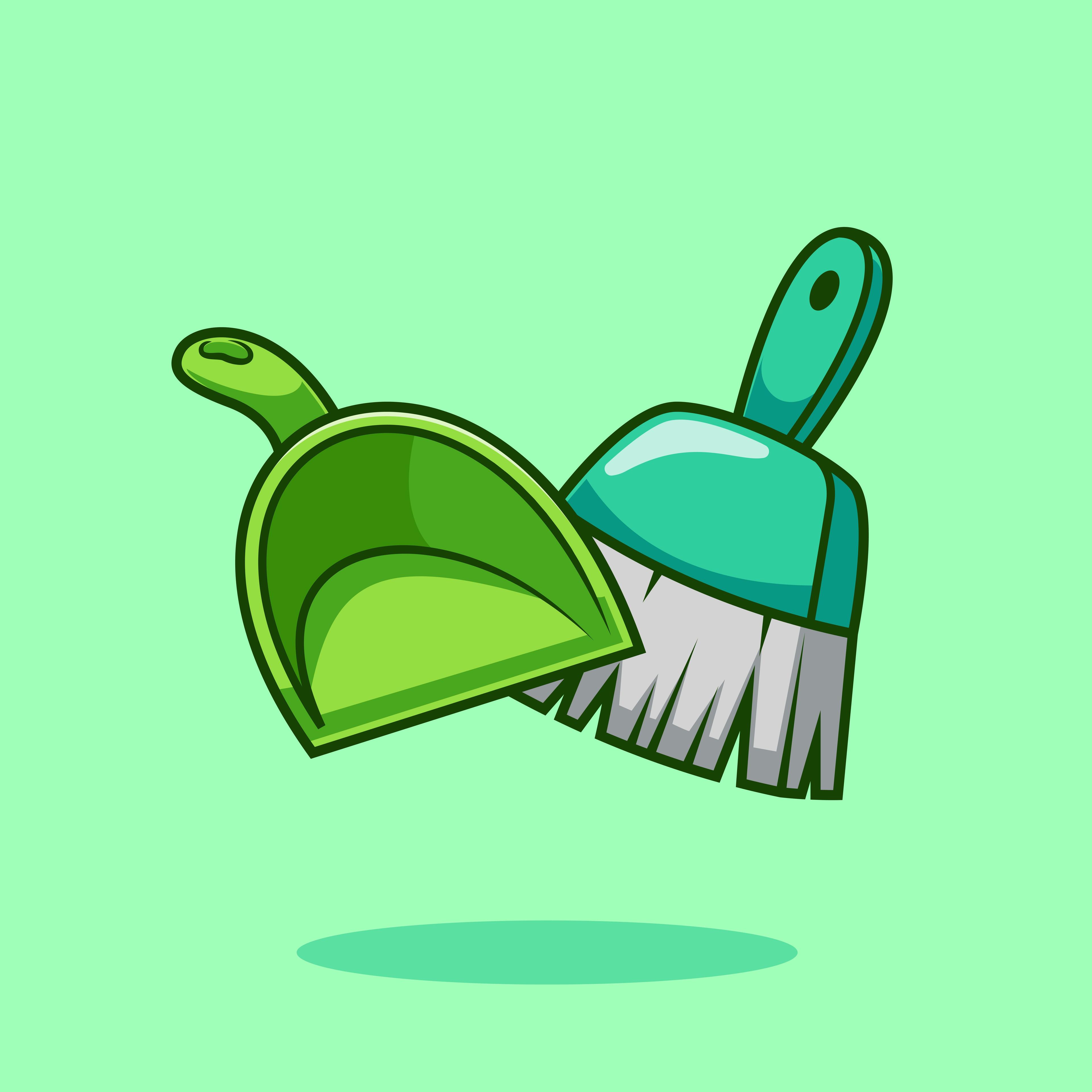 Ilustración en distintos tonos de verde de una escoba y una palita.